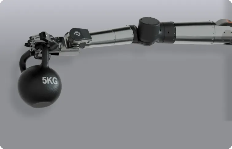 Robotic arm holding a 5-kilogram kettlebell against a plain gray background.