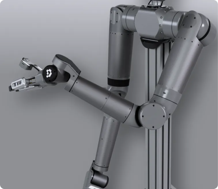 Close-up of a metallic robotic arm with multiple joints and a claw-like gripper at the end against a gray background.