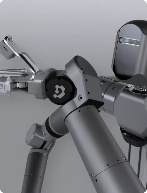 Close-up of a sleek, metallic robotic arm with articulated joints and a gripper against a gray background.