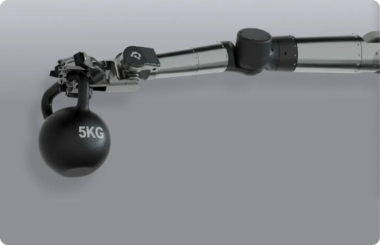 Robotic arm holding a black 5kg kettlebell against a plain gray background.