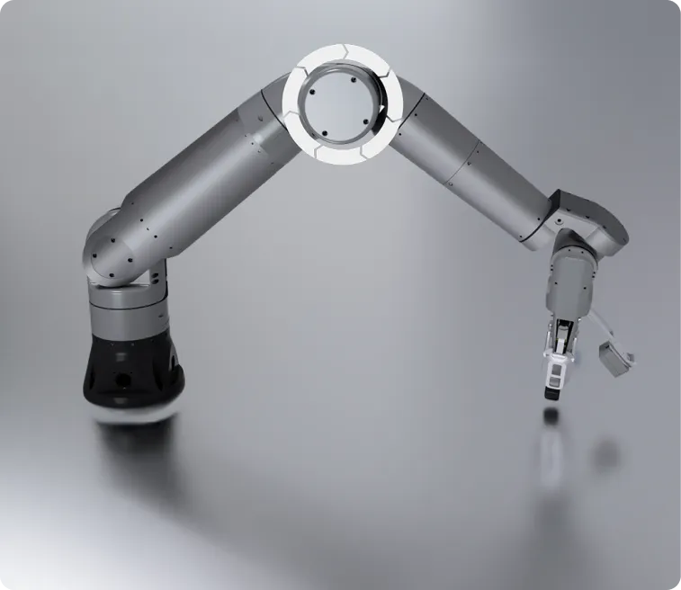 A sleek gray robotic arm with multiple joints and a gripping tool at the end, positioned against a smooth metallic surface.
