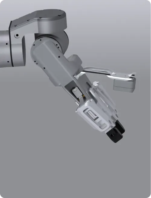 Close-up of a gray robotic arm with a gripper tool attached.