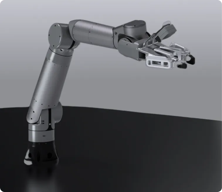 Metallic robotic arm with articulated joints and a claw-like gripper on a glossy black surface.