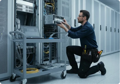 Technician kneeling and installing hardware components in a server rack inside a data center.