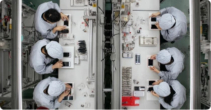Workers in white uniforms assembling electronic devices on two parallel conveyor tables in a factory.