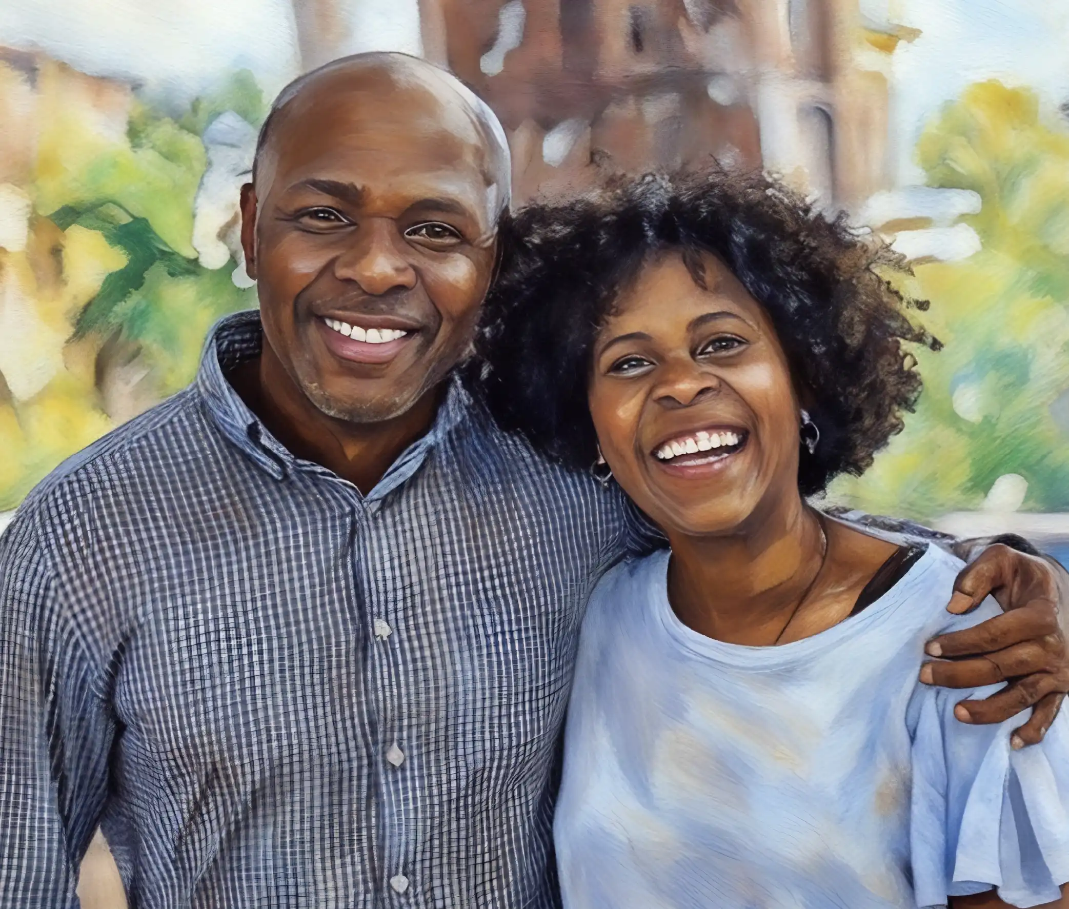 Happy couple posing outdoors together.