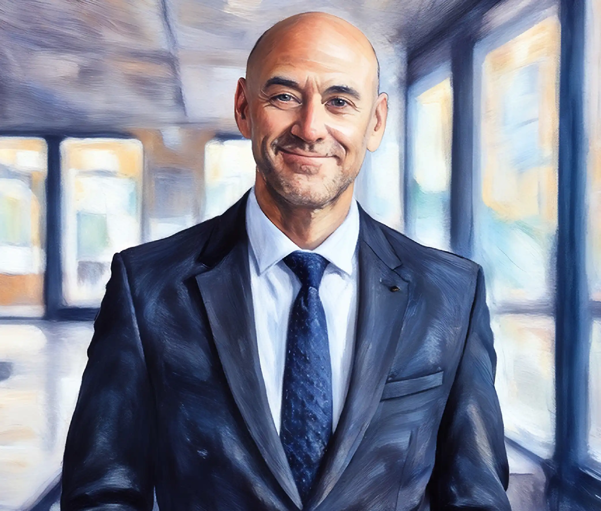 Man in suit smiling in bright hallway.