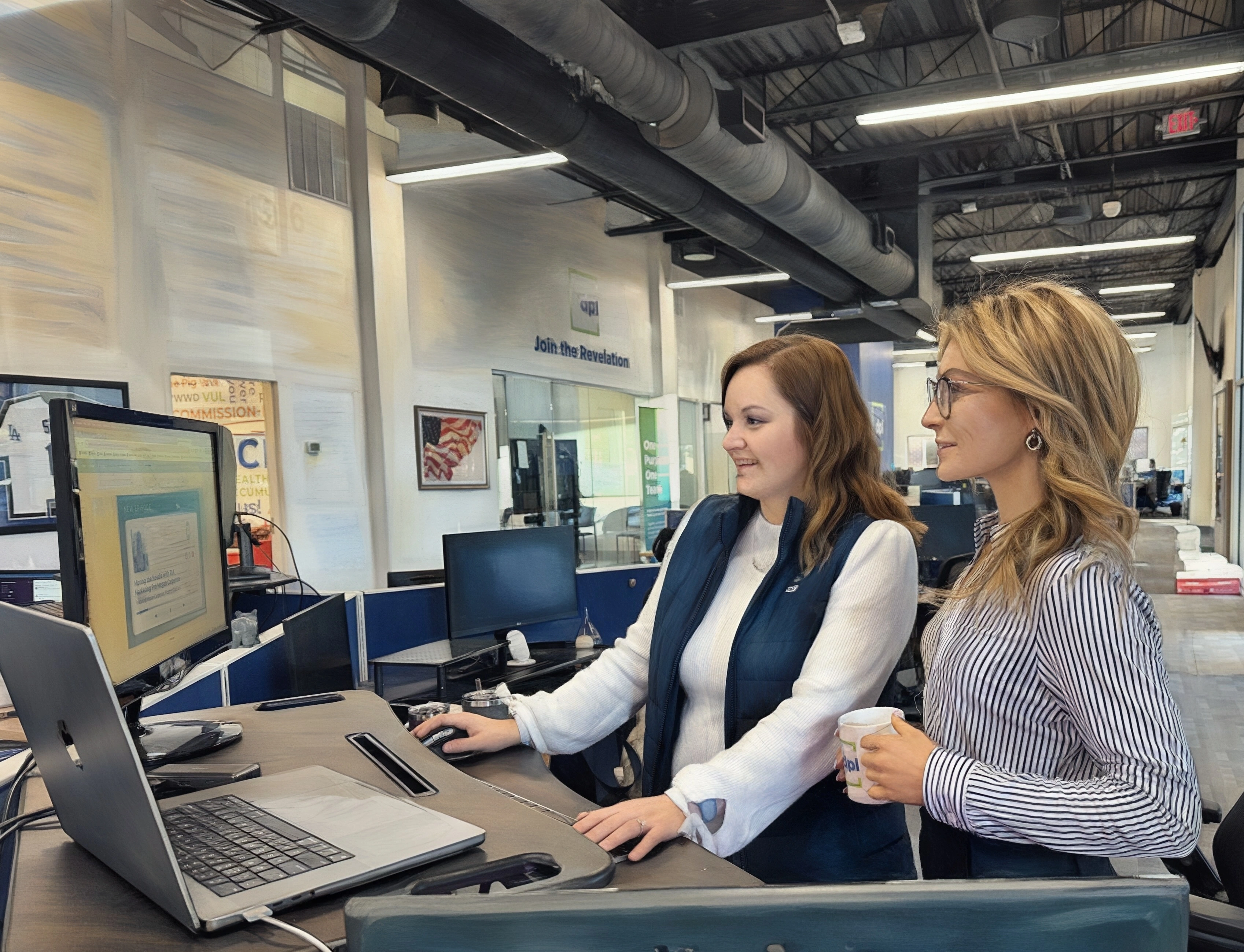 Two women collaborating at computer workstations.
