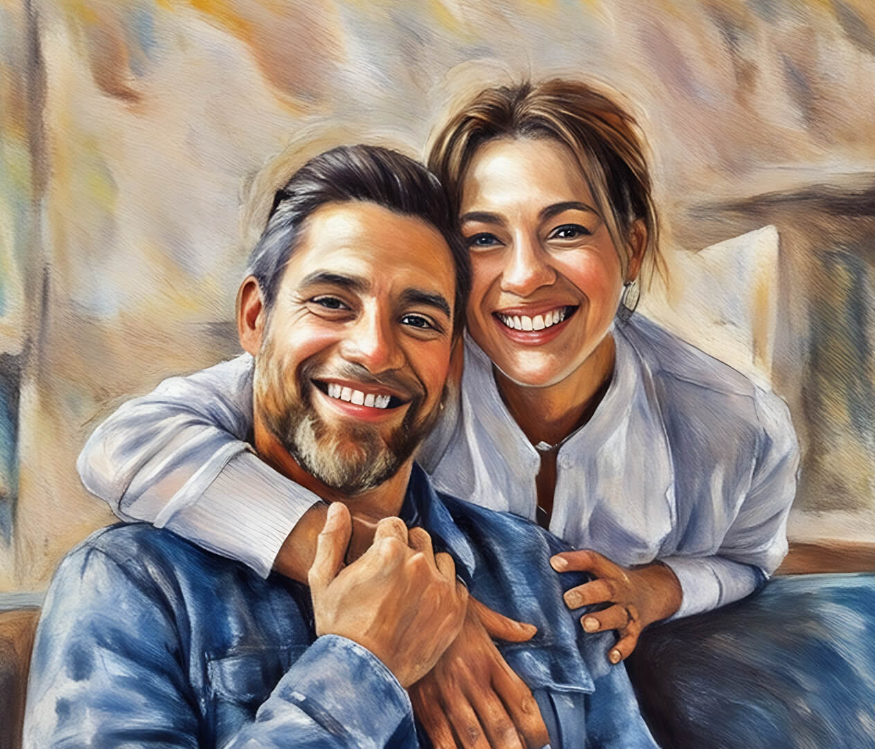 Couple hugging and smiling indoors.