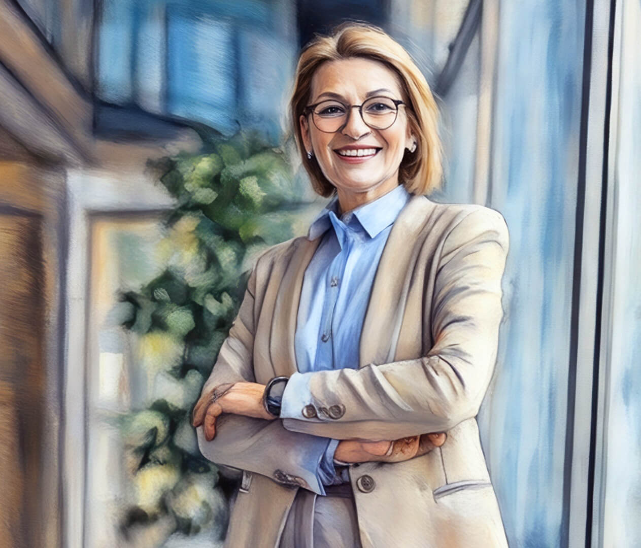 Professional woman smiling with arms crossed.