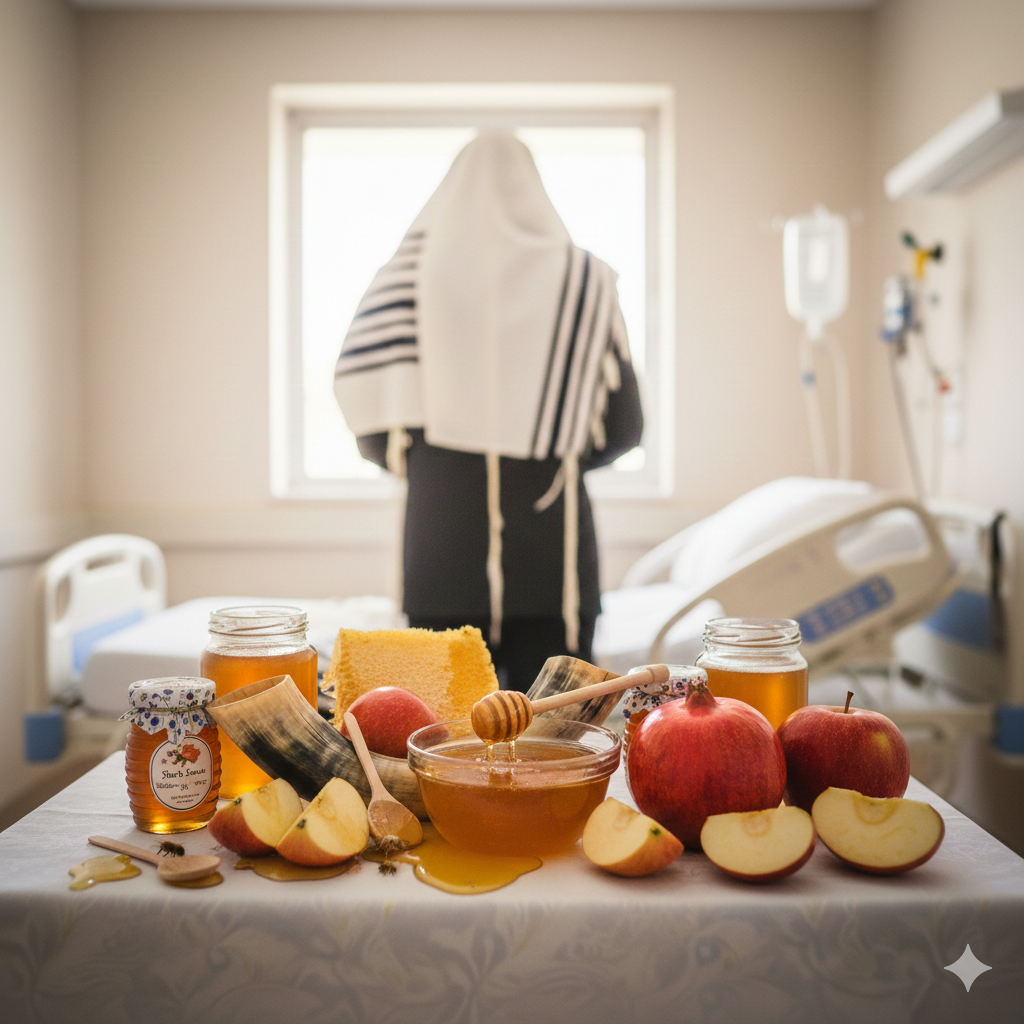 patient davening in hospital room with yom tov essentials