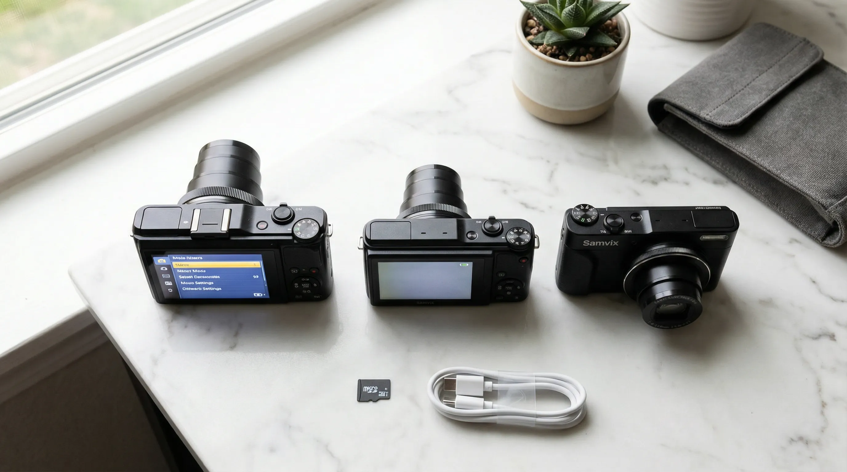 Three Samvix compact digital cameras displayed side by side with accessories.