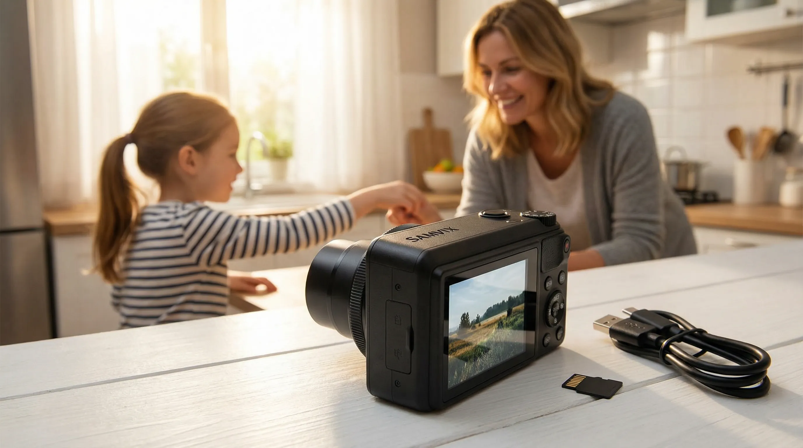 A compact Samvix digital camera on a table with a family in the background.