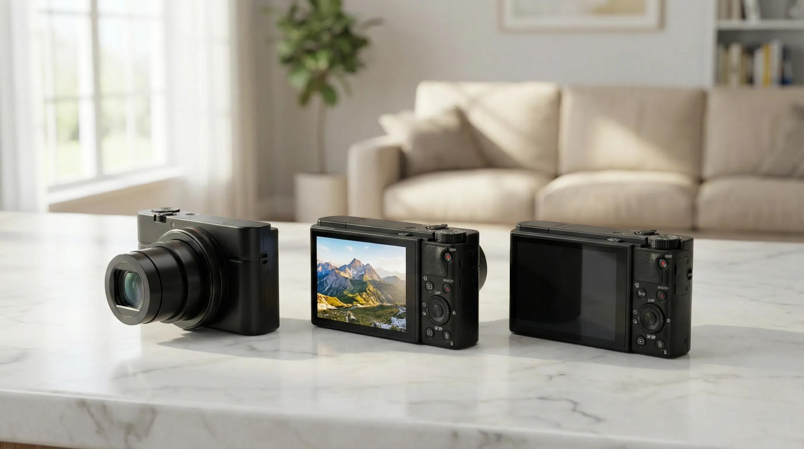 Three black digital cameras displayed on a white countertop in a bright room.