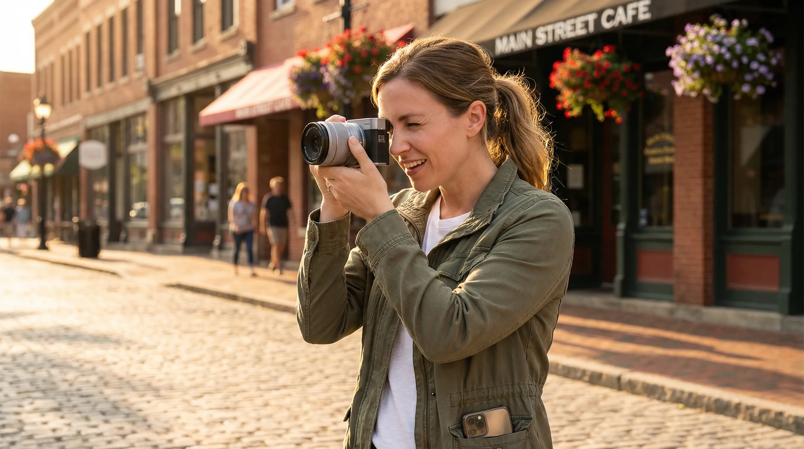 Woman photographing a charming street with a digital camera at golden hour.