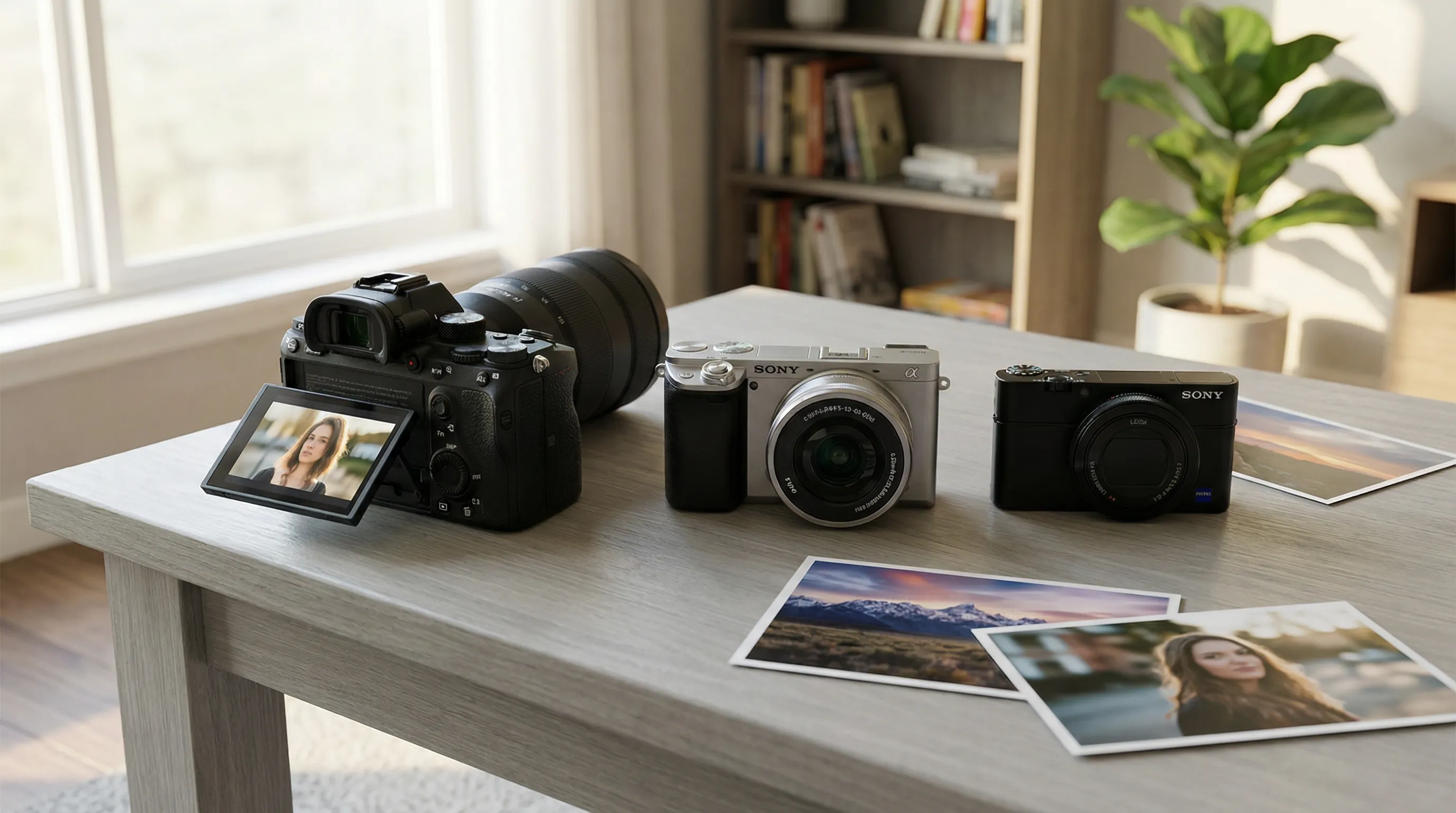 Three digital cameras of different sizes compared on a bright tabletop.