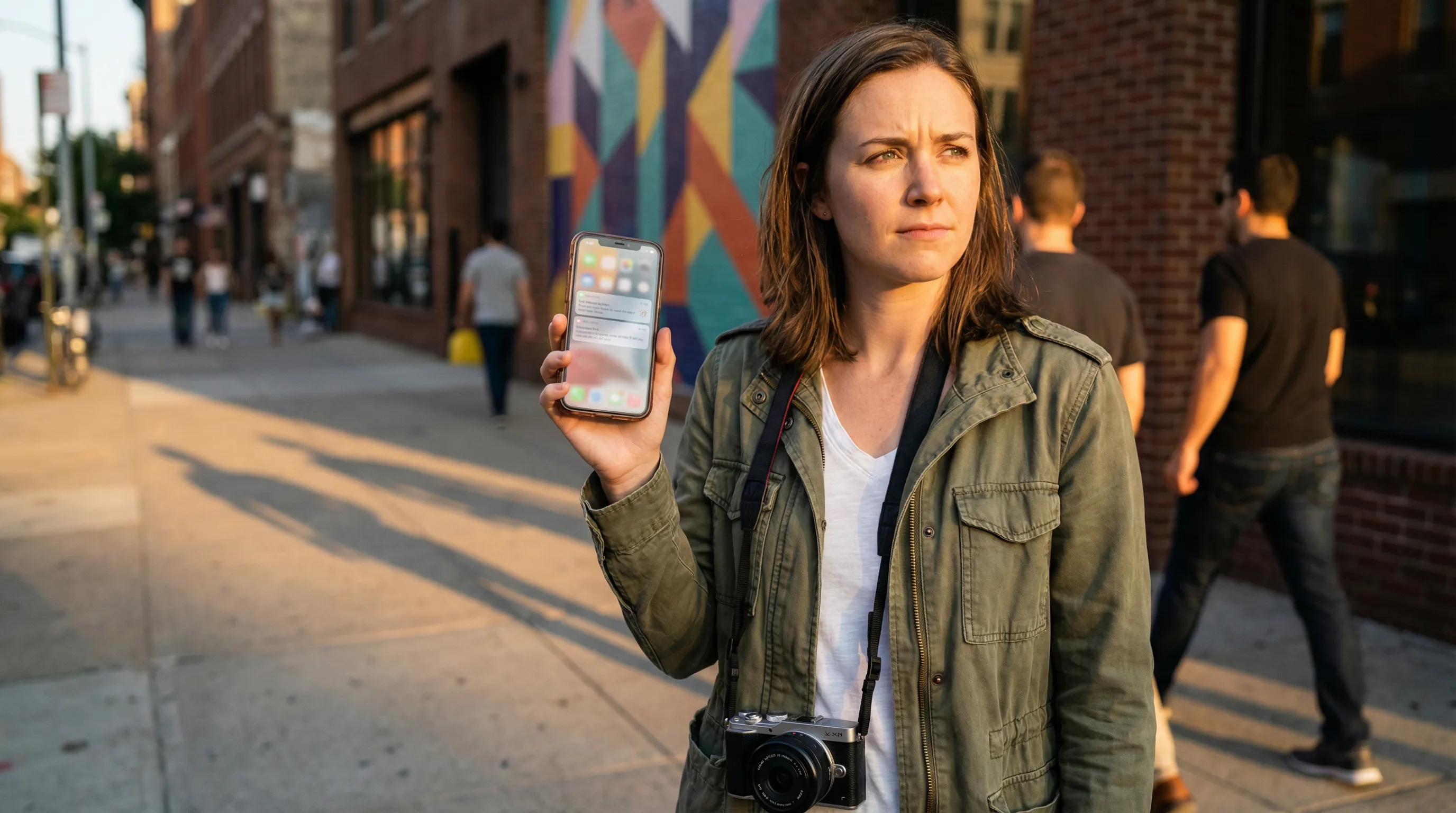 Woman on a city sidewalk distracted by her phone while a digital camera hangs unused.