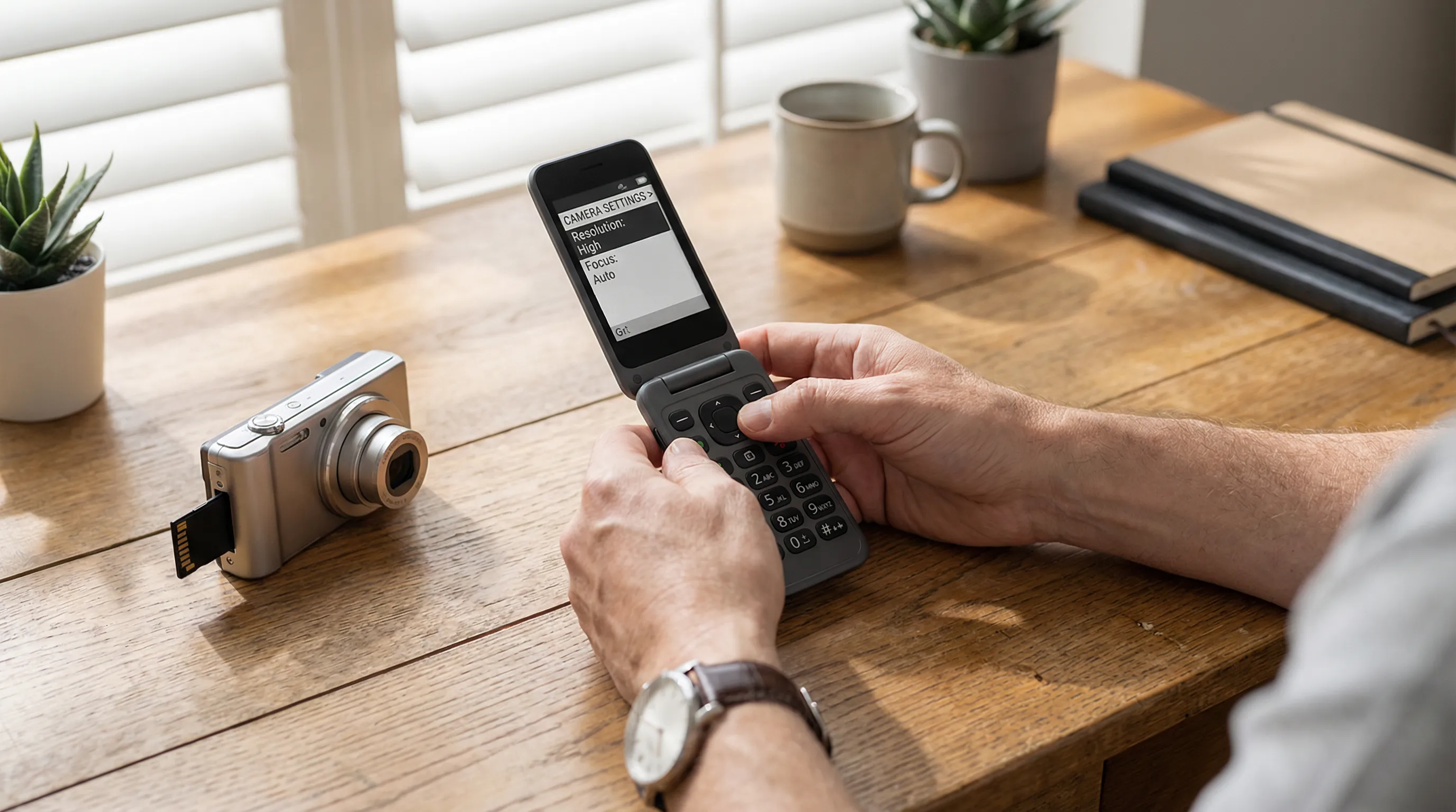 Hands adjusting camera settings on a flip phone beside a standalone digital camera on a desk.