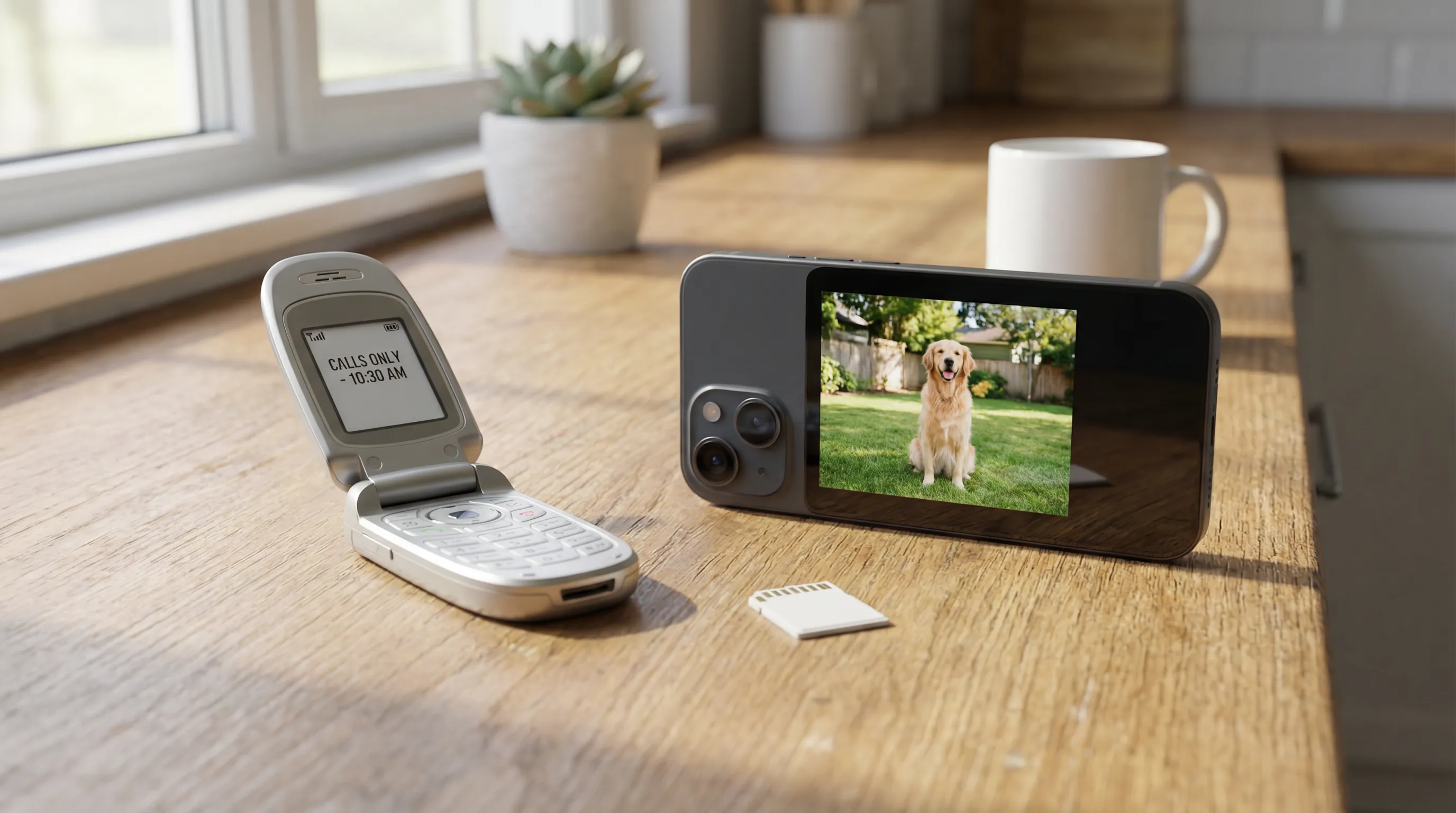 A flip phone and a filtered smartphone with camera placed side by side on a table.