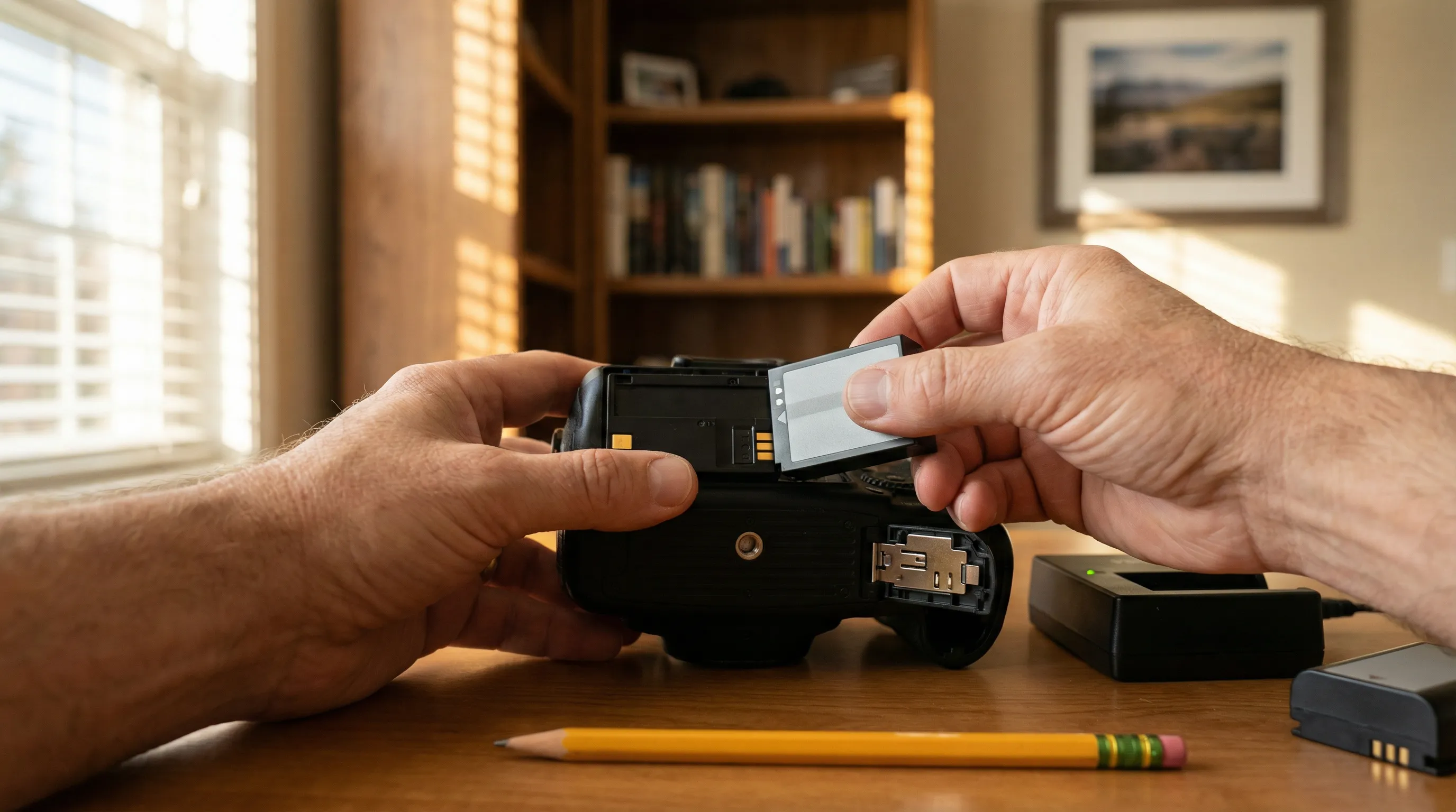 Hands removing a battery from a digital camera on a wooden desk.