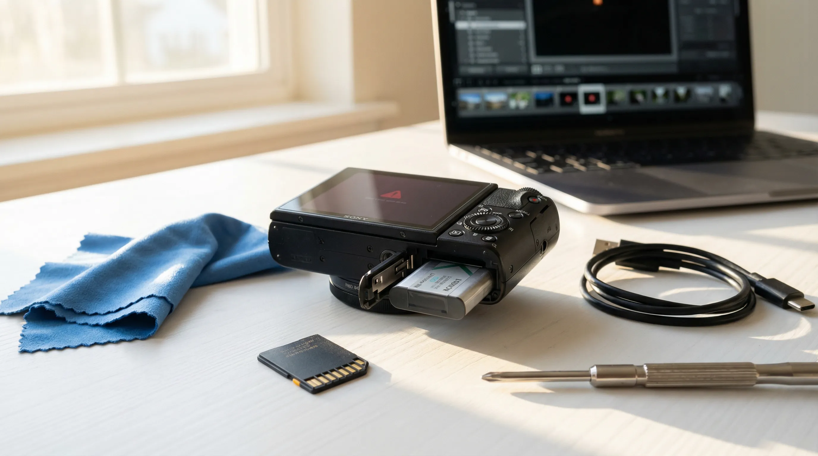 Digital camera with battery, memory card, and cleaning tools on a desk.