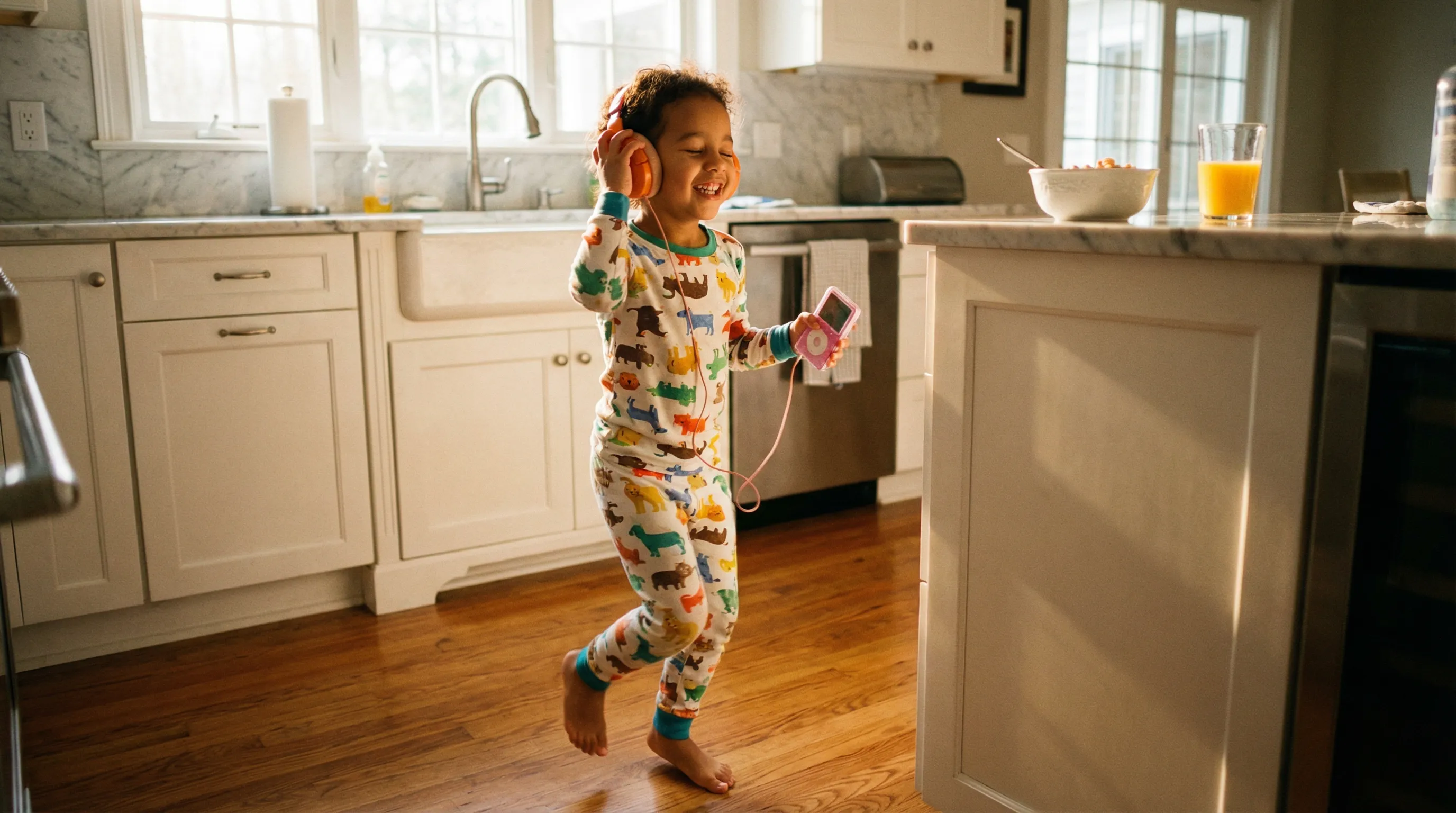 A happy child dancing in a sunny kitchen while holding an MP3 player.