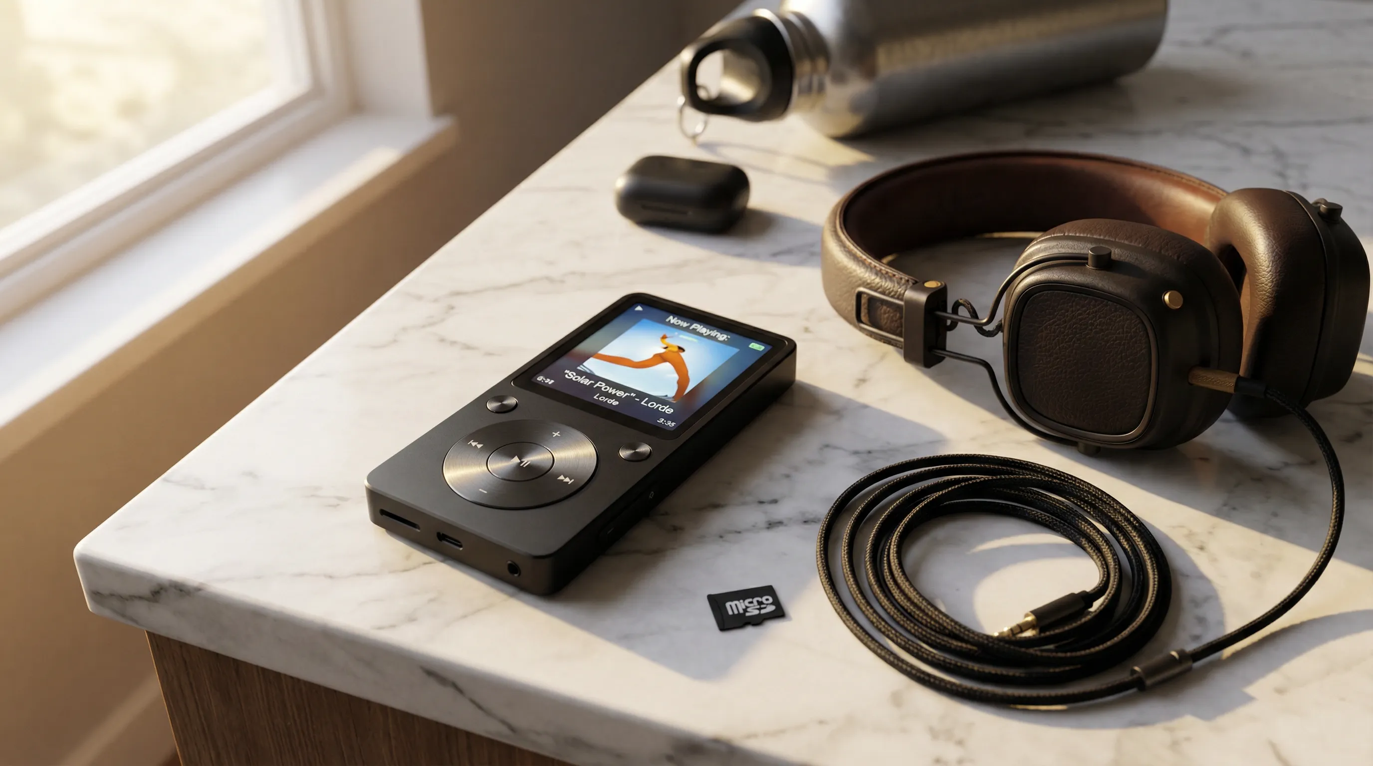 Compact MP3 player with headphones and MicroSD card on a countertop.