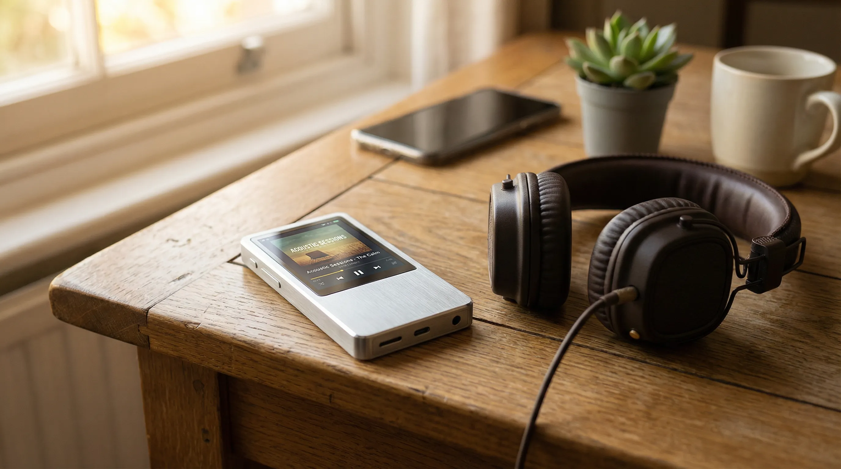A dedicated MP3 player and headphones on a wooden desk beside a phone.