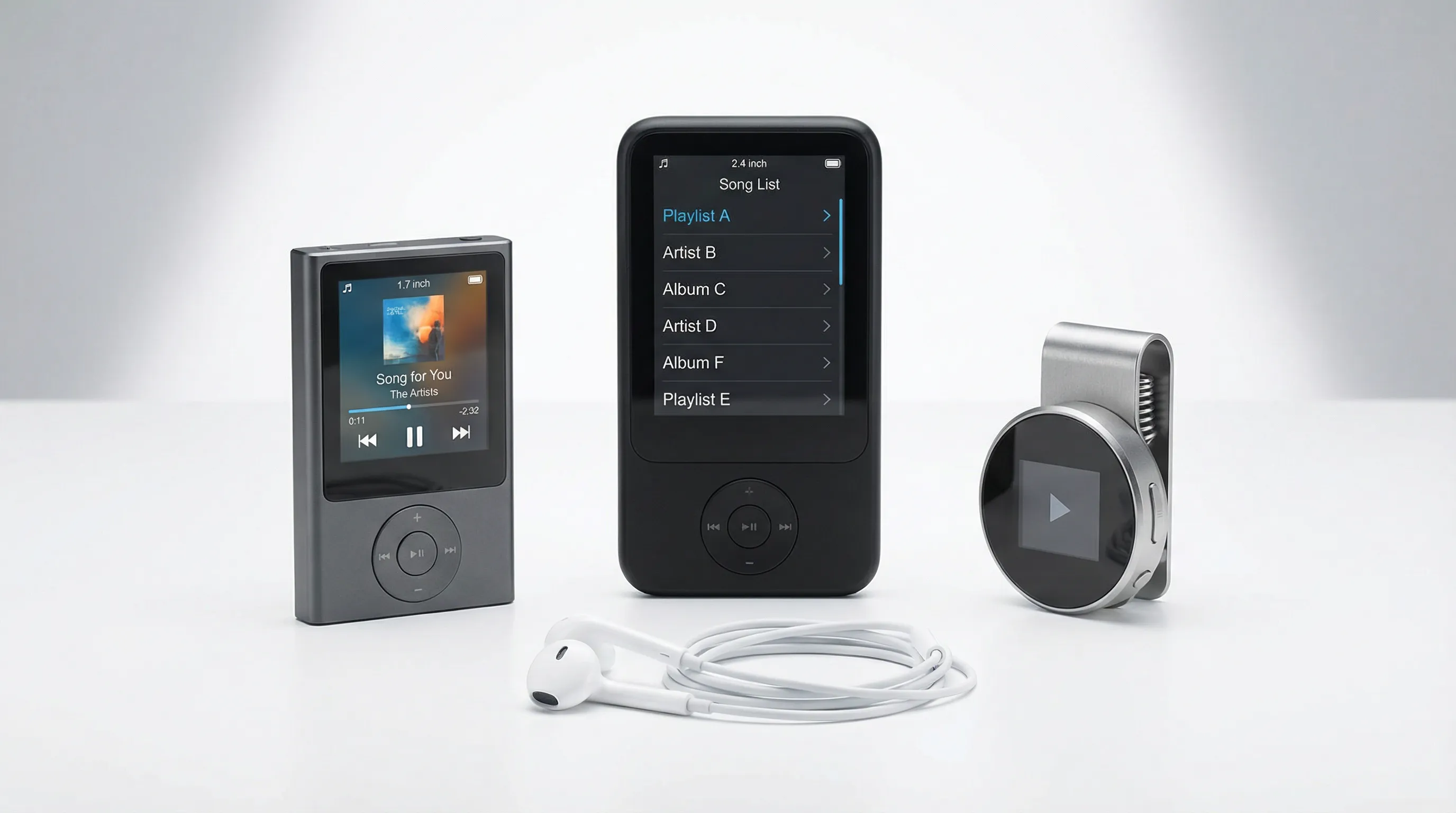 Three GreenTouch MP3 players of different sizes displayed on a white surface.