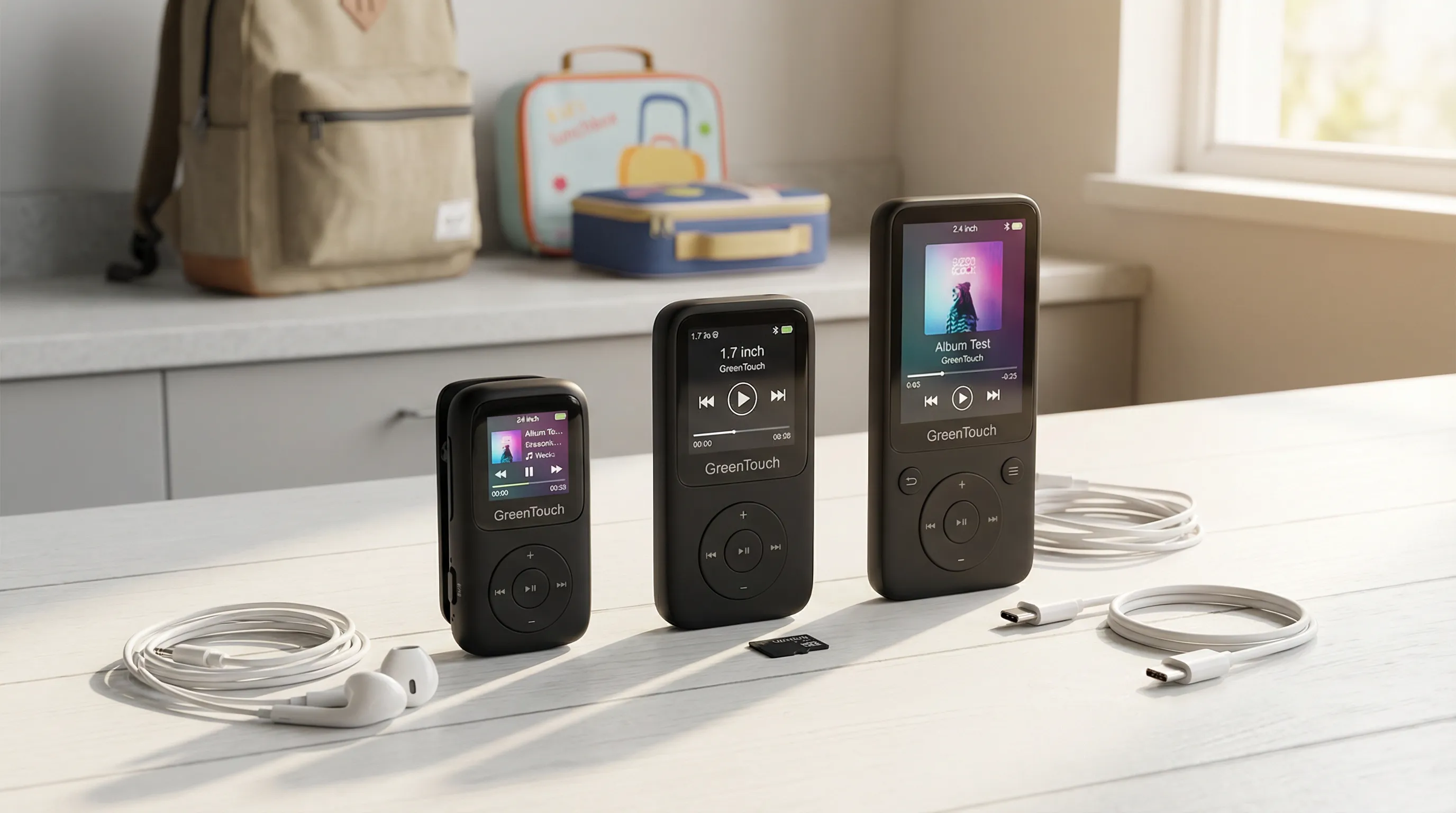 Three GreenTouch MP3 players with earbuds and charging cable on a desk.