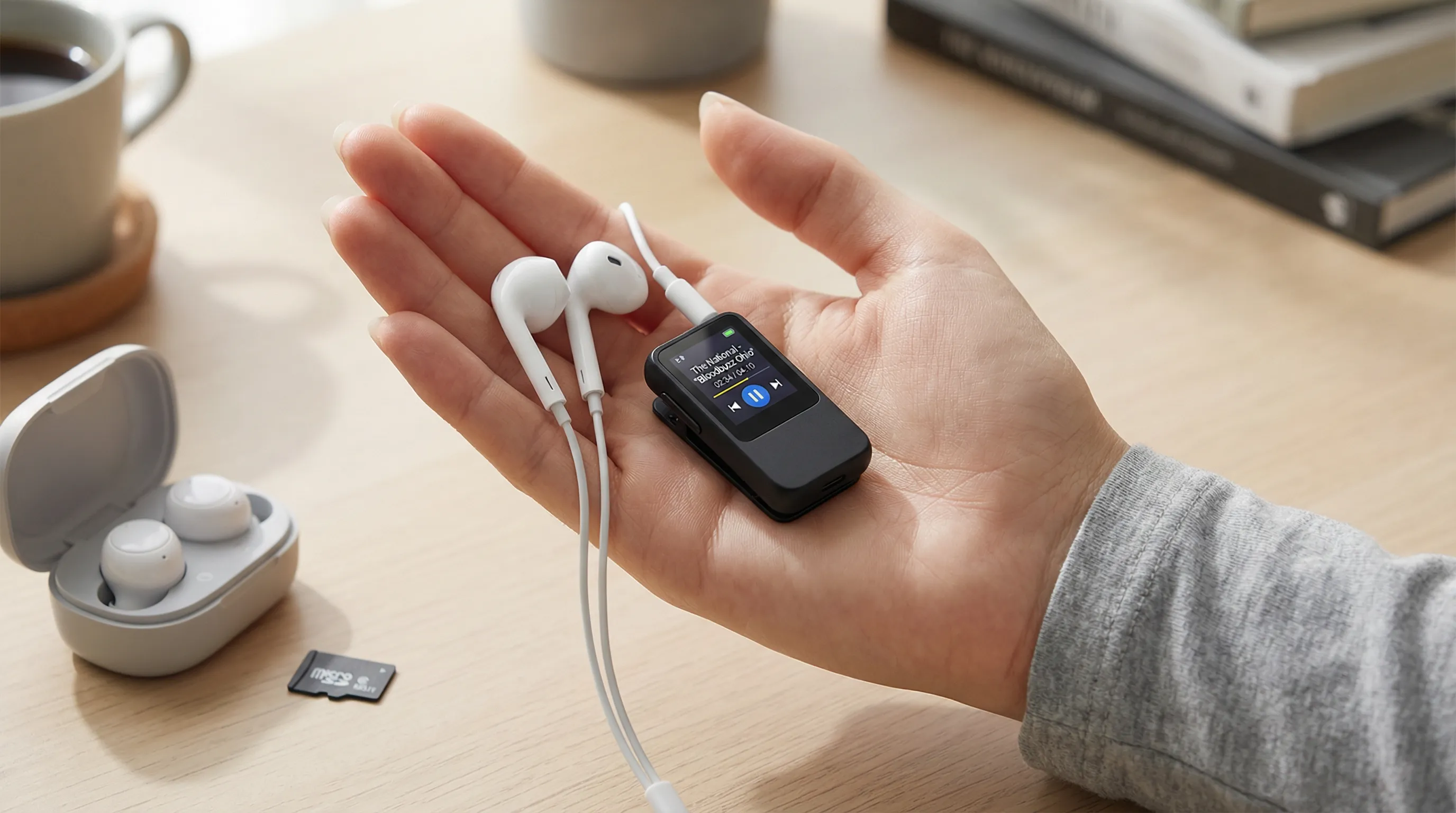 A hand holding a tiny MP3 player with earbuds on a desk.