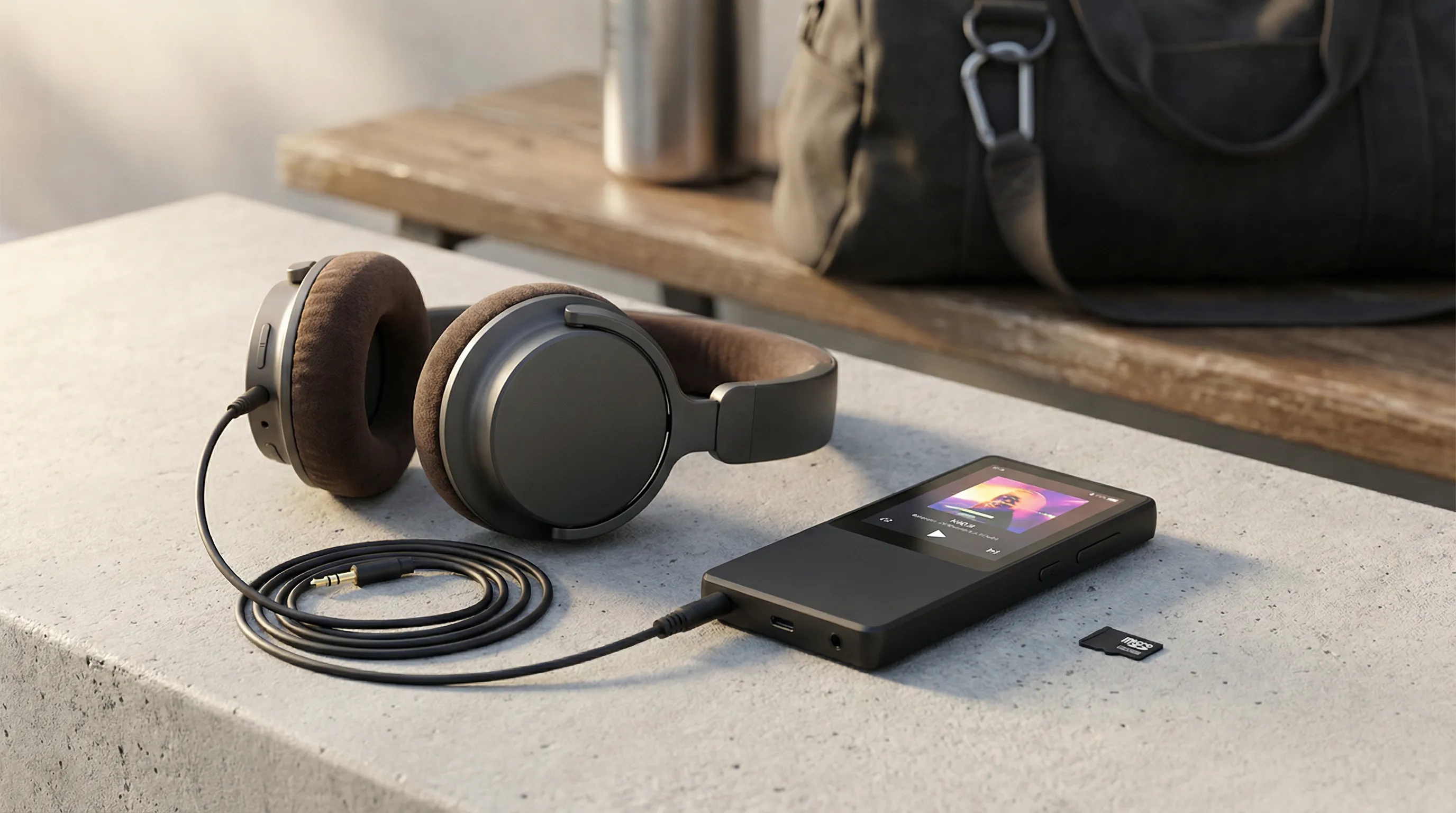 Compact portable MP3 player with headphones and MicroSD card on a surface.