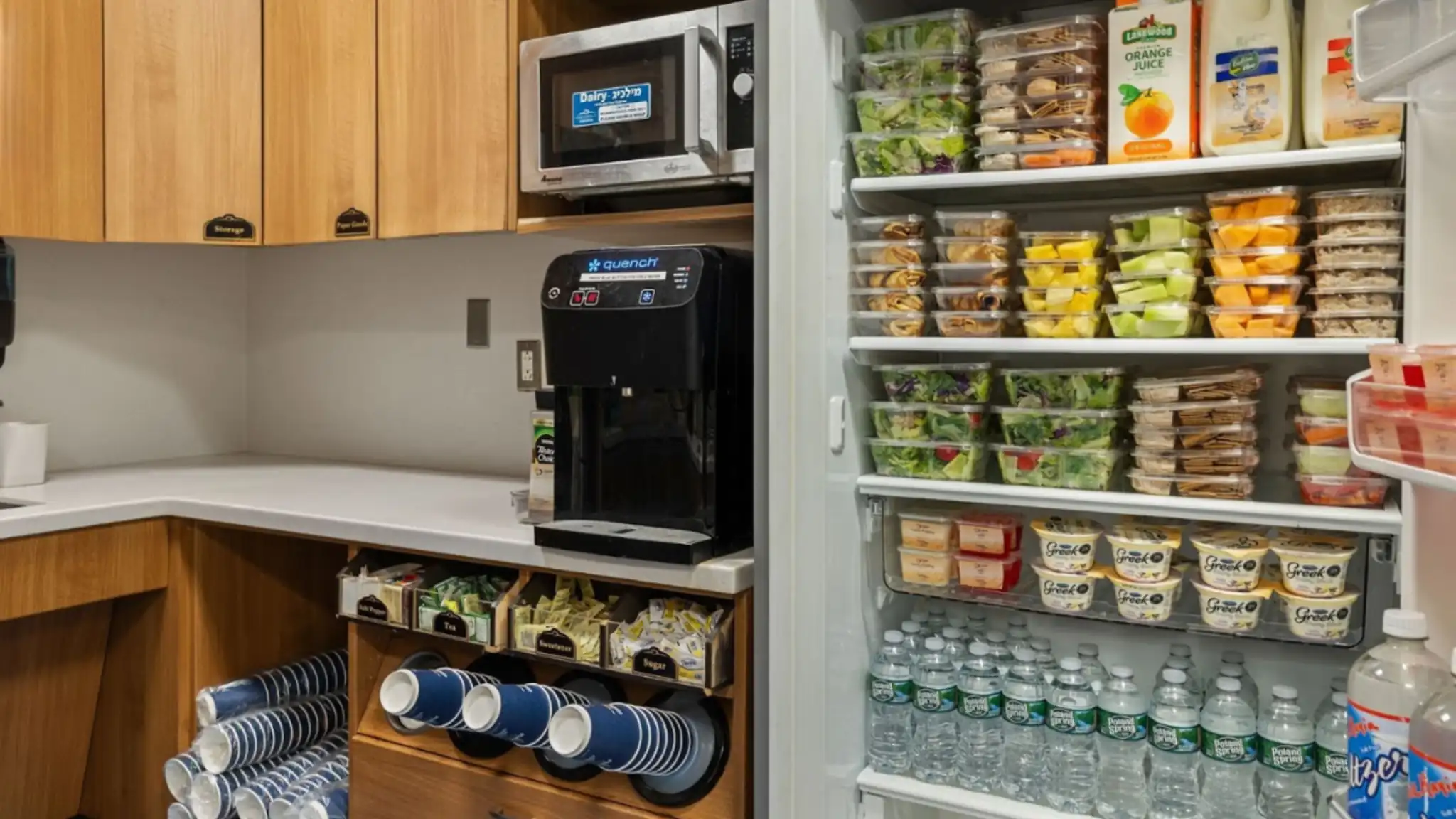 View of chesed 247 full fridge and paper goods setup in hospital chesed room NY