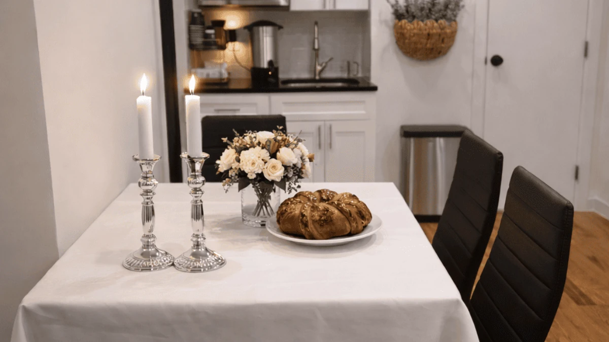 Shabbos table with candles and challah in a Chesed 24/7 hospital hospitality apartment