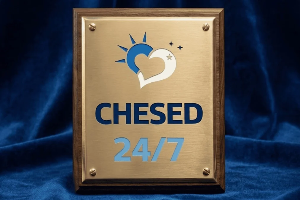 Brushed gold Chesed 24/7 appreciation plaque with the organization's heart and sun logo mounted on a wood frame against blue velvet backdrop