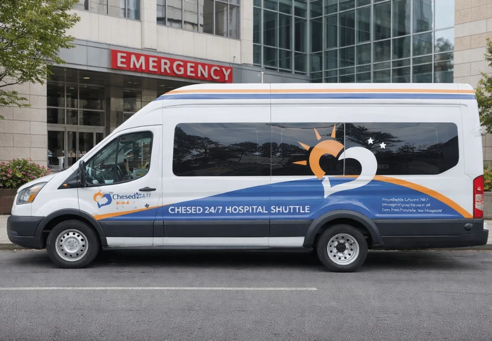 Chesed 24/7 Hospital Shuttle van labeled for daily patient transport parked at a hospital emergency entrance, connecting families from Monsey to Manhattan medical centers