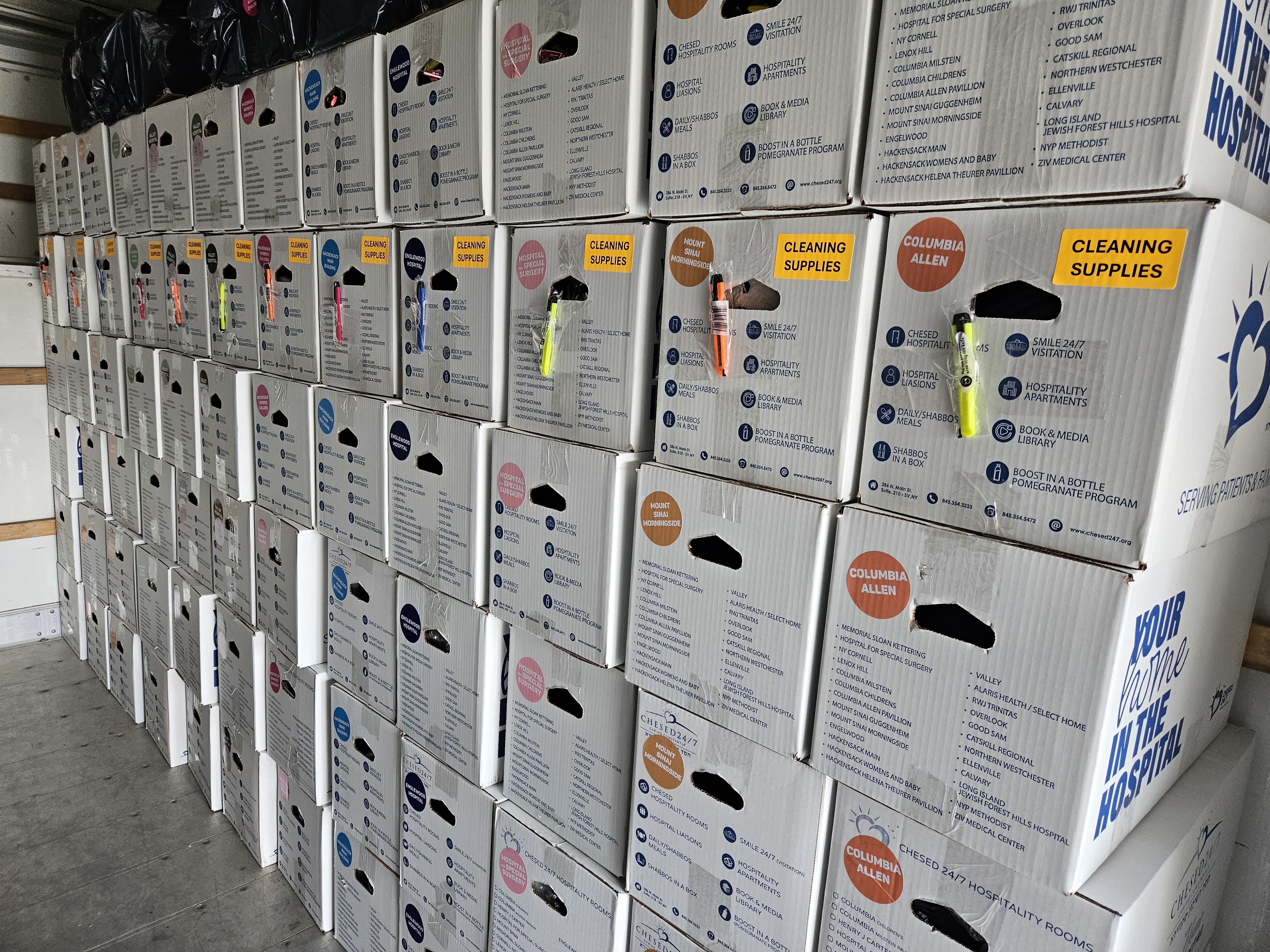 boxes of pesach essentials for hospitals