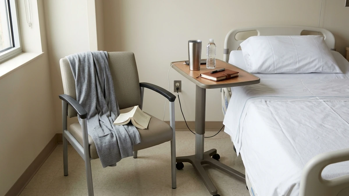 Hospital room with an empty bed and a family member's chair pulled close, cardigan draped over the back and personal items on the bedside tray