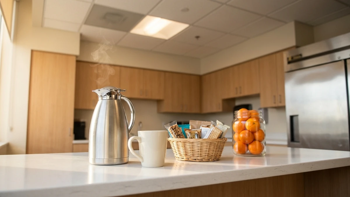 Counter inside a Chesed 24/7 hospitality room with a steaming coffee carafe, basket of kosher snacks, and jar of clementines
