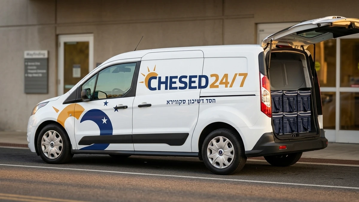 A Chesed 24/7 delivery van parked outside a hospital service entrance, rear hatch open with stacked insulated meal totes