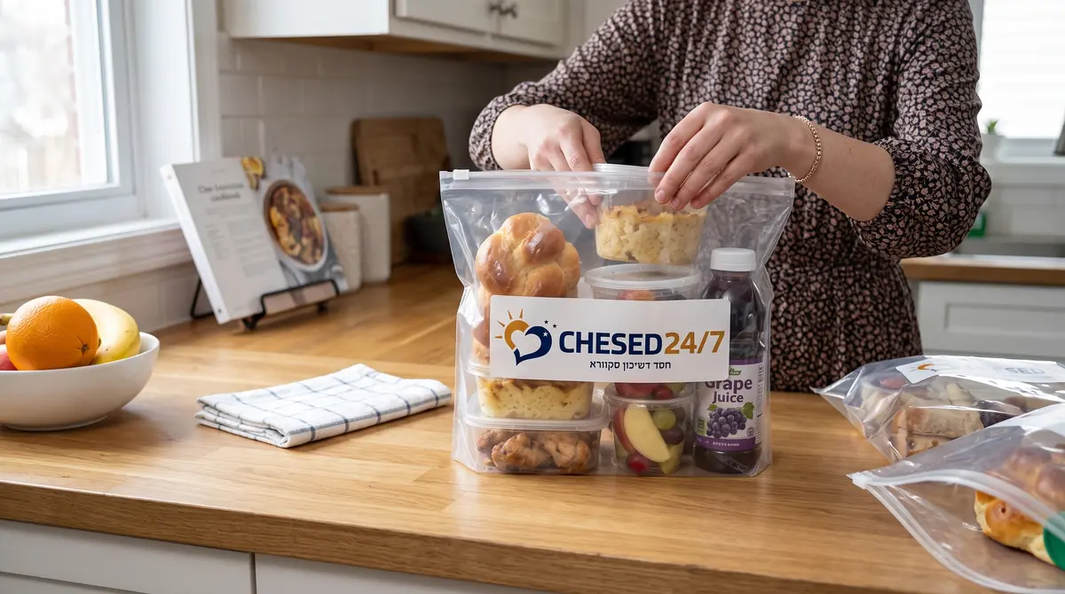 Chesed 24/7 Shabbos food package with challah, grape juice, fresh fruit and chicken packed in a home kitchen