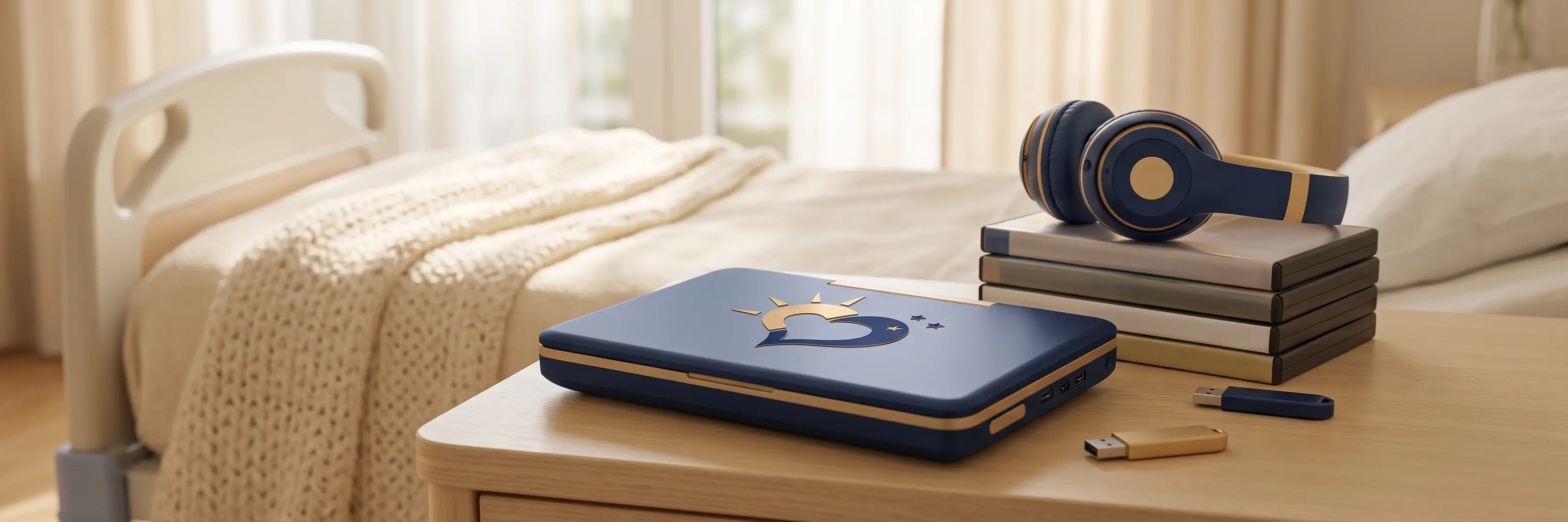 Portable DVD player, kosher DVDs, and headphones on a hospital bedside table – Chesed 24/7 Entertainment Lending Library