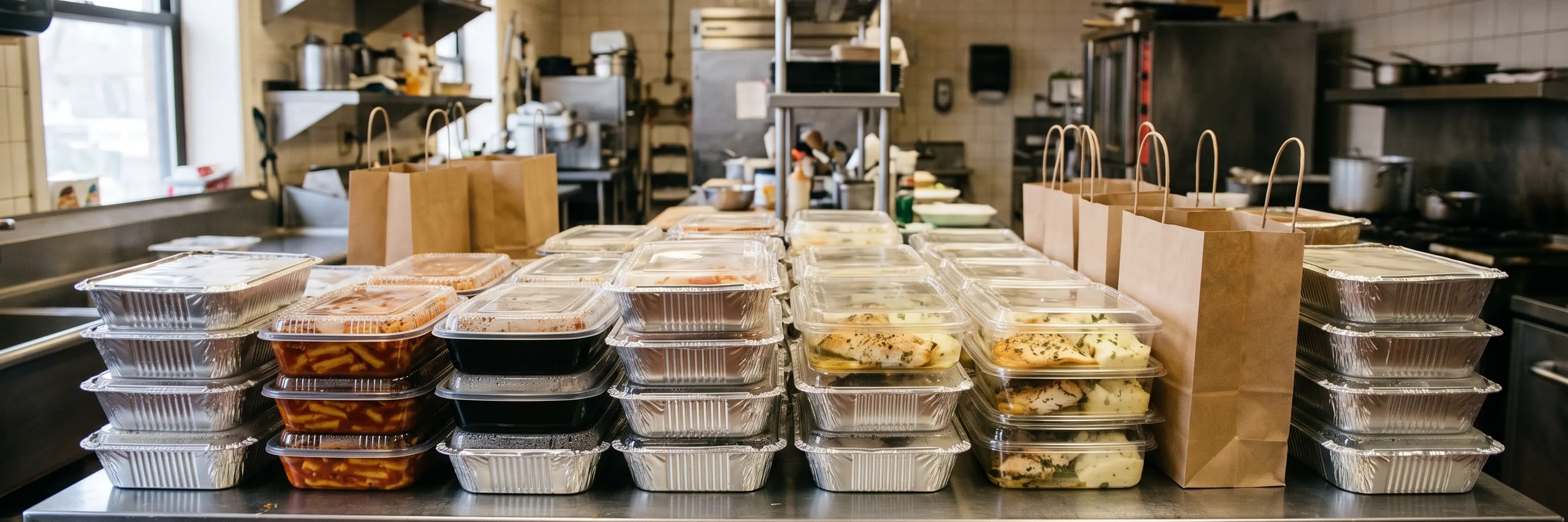 Stacked kosher lunch containers and delivery bags prepared in a commercial kitchen – Chesed 24/7 Kimpituren Meals for new mothers