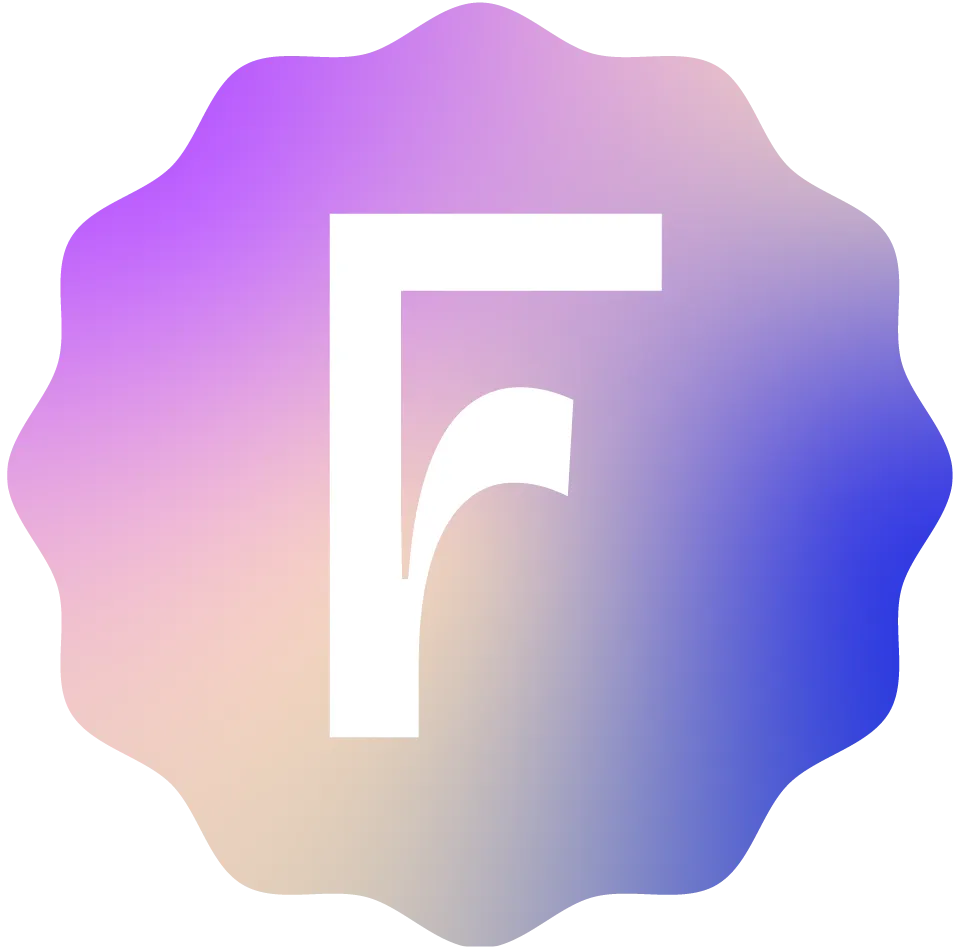 Weiches, gewellten Siegel mit einem weißen stilisierten Buchstaben ‚r‘ vor einem Farbverlauf in Lila, Rosa und Blau.