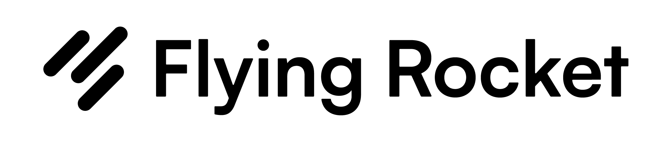 Schwarzes Logo mit drei schrägen Linien neben dem Text 'Flying Rocket'.