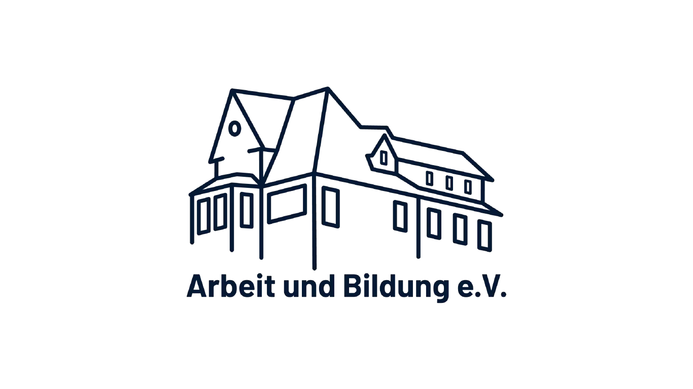 Strichzeichnung eines Hauses mit dem Schriftzug Arbeit und Bildung e.V.