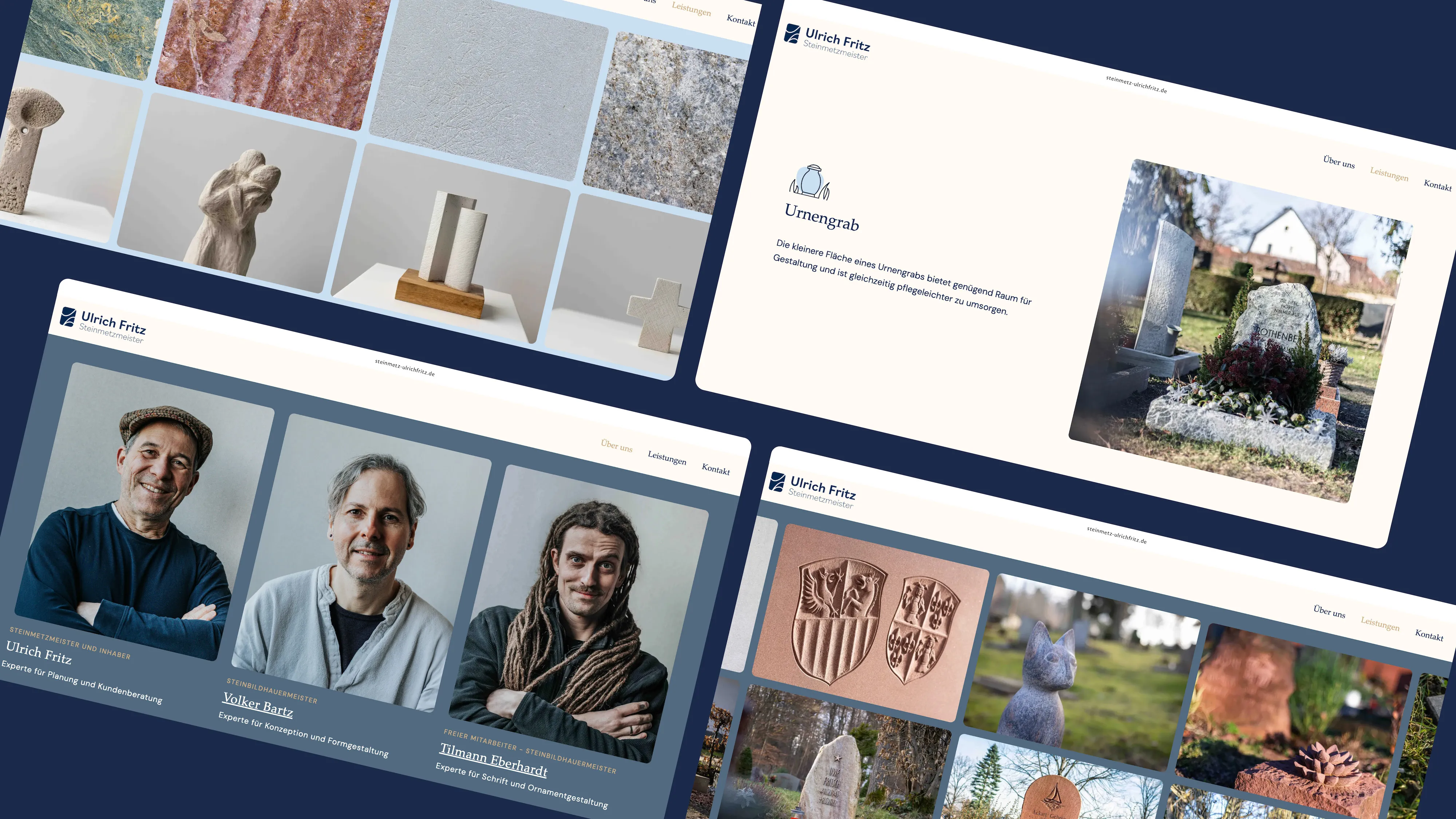 Website-Layout mit Fotos von drei Steinmetzmeistern, verschiedenen Steinmetzarbeiten und einem Urnengrab mit Grabstein und Blumen.