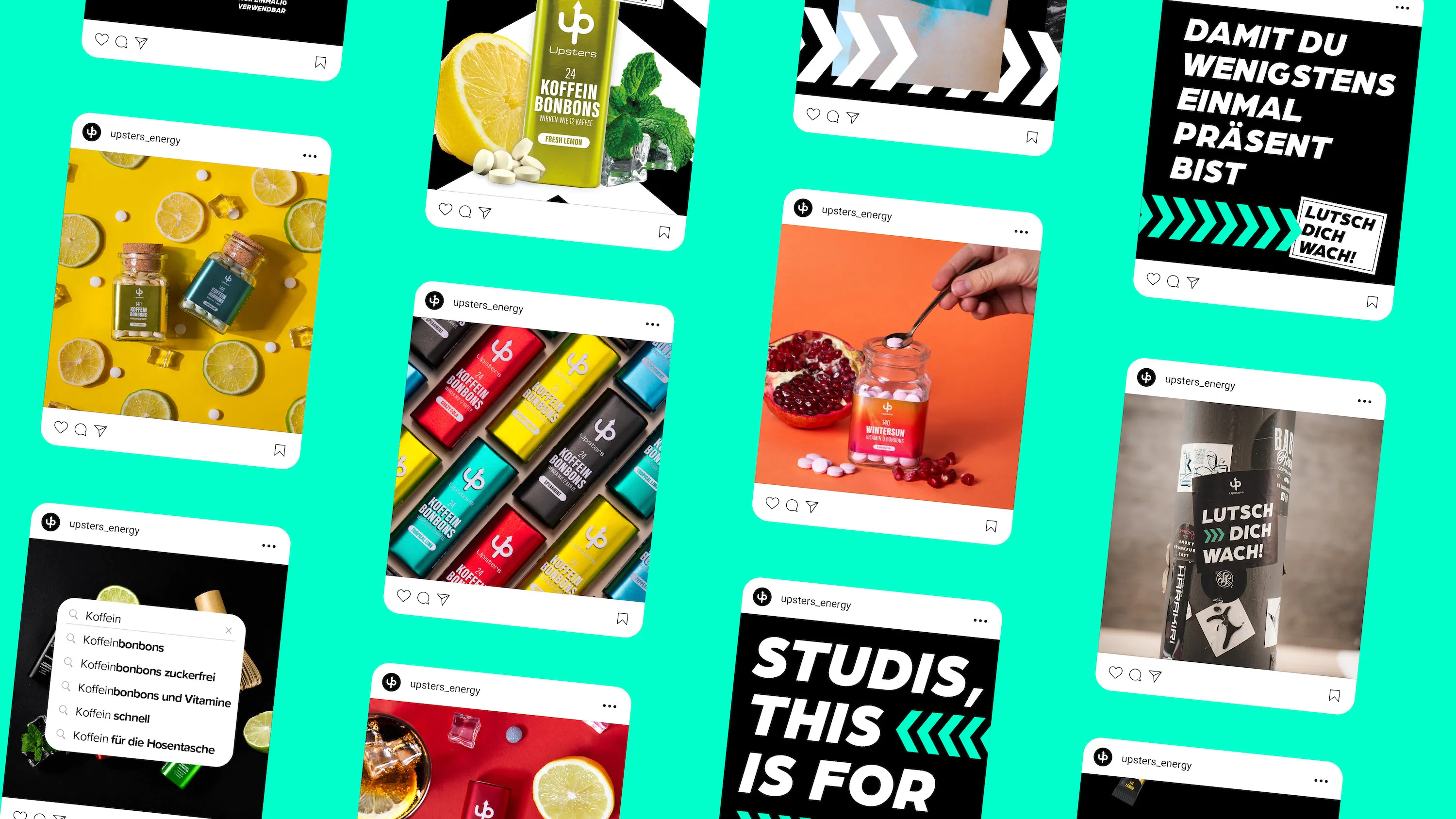 Mehrere Instagram-Posts von upsters_energy zeigen Koffeinbonbons in verschiedenen Geschmacksrichtungen und Designs auf buntem Hintergrund.