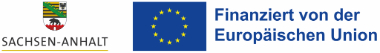 Wappen von Sachsen-Anhalt neben der Flagge der Europäischen Union und dem Text 'Finanziert von der Europäischen Union'.