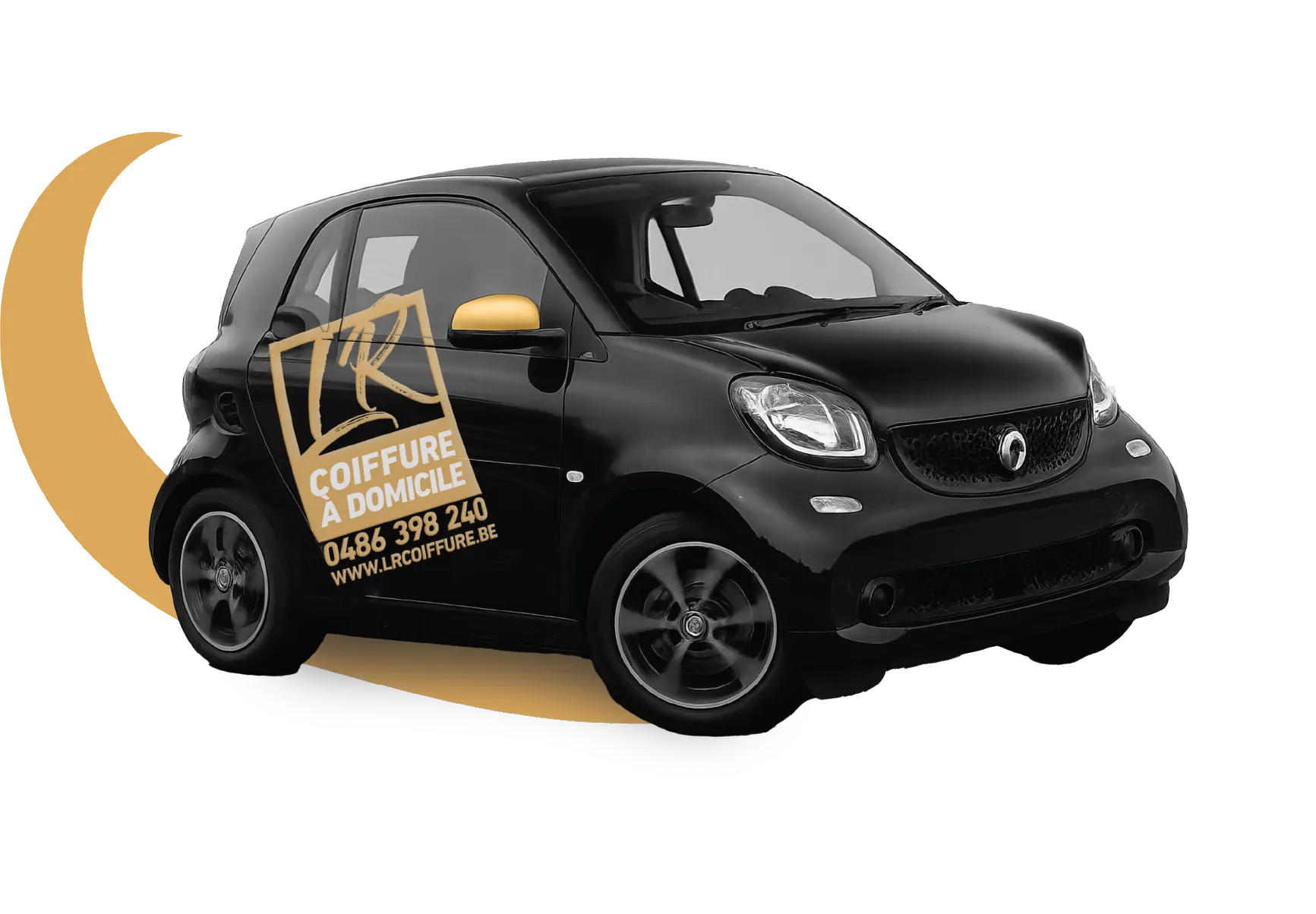 Voiture de service lettrée LR Coiffure — déplacements coiffure à domicile à Bruxelles